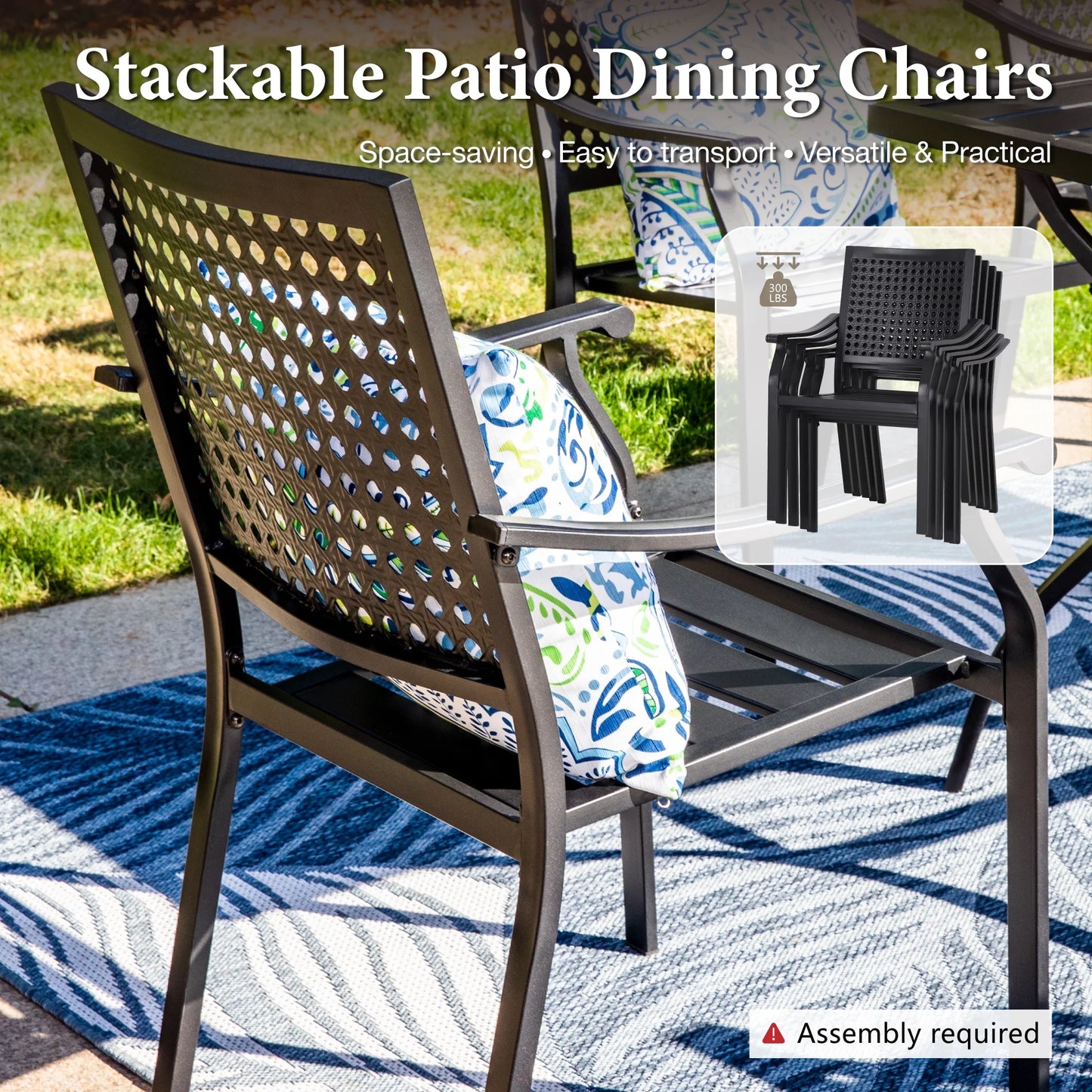 Summit Living 2-Piece Outdoor Patio Dining Chairs, Large Metal Stackable Armchairs (Weight Capacity 350 lbs), Black