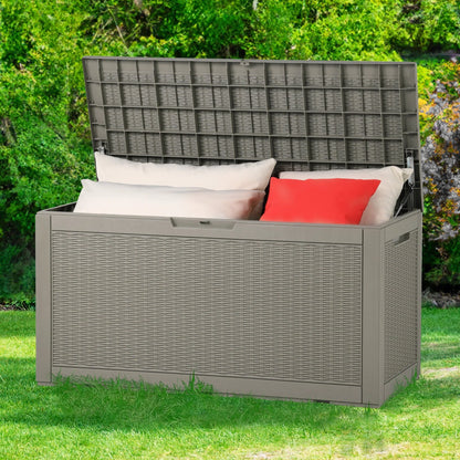 Dextrus 100 Gallon Spacious Resin Outdoor Storage Box for Patio Essentials, Outdoor Pillows, Landscaping Equipment, and Pool Accessories - Weatherproof, Secure (Light Brown)