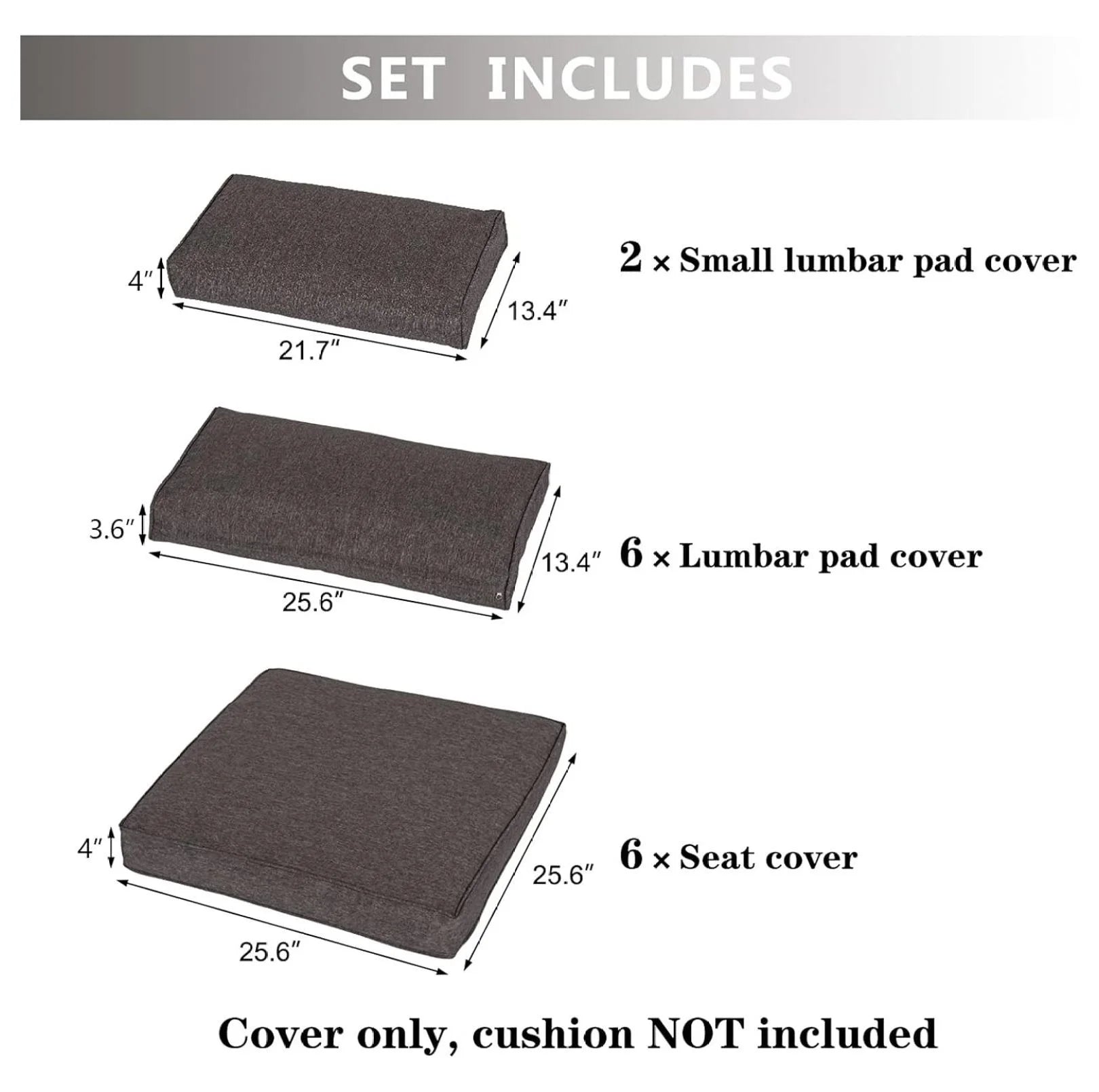 Patio Cushion Covers Replacement - 18 Piece Set for Sectional Sofa, Rattan Furniture, Dark Grey, Waterproof, Zippered, Washable Slipcovers