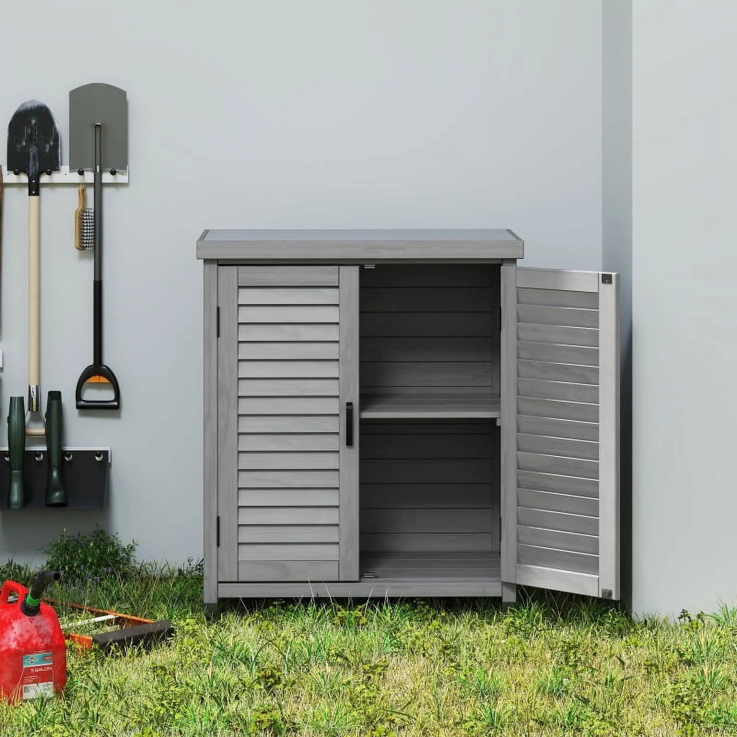 Potting Bench with Storage Cabinet and Metal Table Top for Outdoor Patio, Garden Furniture Wood Workstation Grey 31.5x17x36''