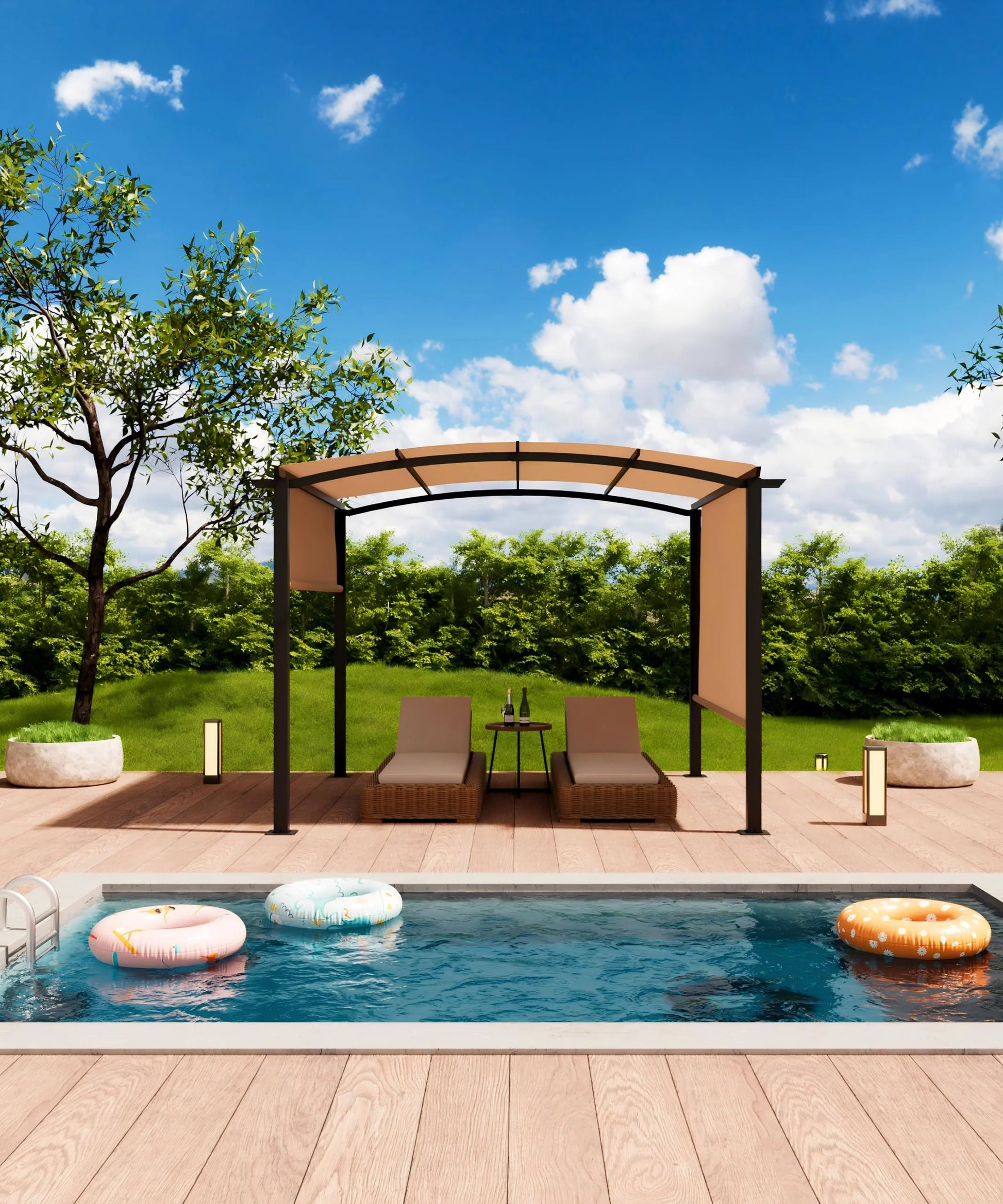 Studyset 10 x 10 Ft Outdoor Arched Pergola,Aluminum Pergola with Retractable Canopy,Arched Style Gazebos,Metal Pergola for Backyard,Lawn, Patios