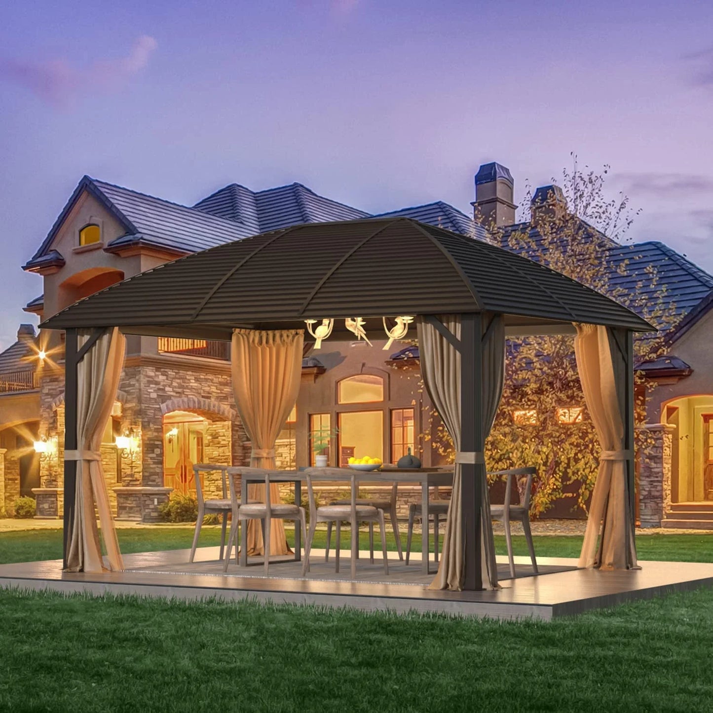 EROMMY 10'x13' Hardtop Gazebo with Arc Galvanized Steel Roof, Aluminum Frame, Curtain and Netting for Lawns, Patios, Decks and Backyard