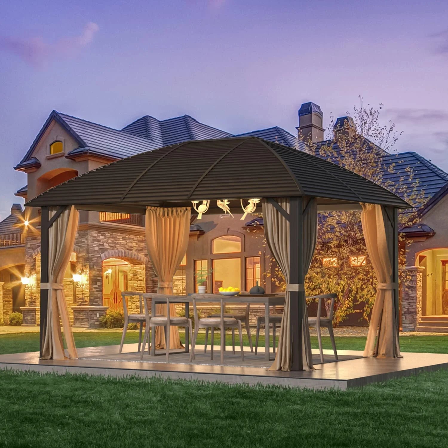 EROMMY 10'x13' Hardtop Gazebo with Arc Galvanized Steel Roof, Aluminum Frame, Curtain and Netting for Lawns, Patios, Decks and Backyard