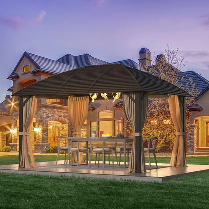 EROMMY 10'x13' Hardtop Gazebo with Arc Galvanized Steel Roof, Aluminum Frame, Curtain and Netting for Lawns, Patios, Decks and Backyard