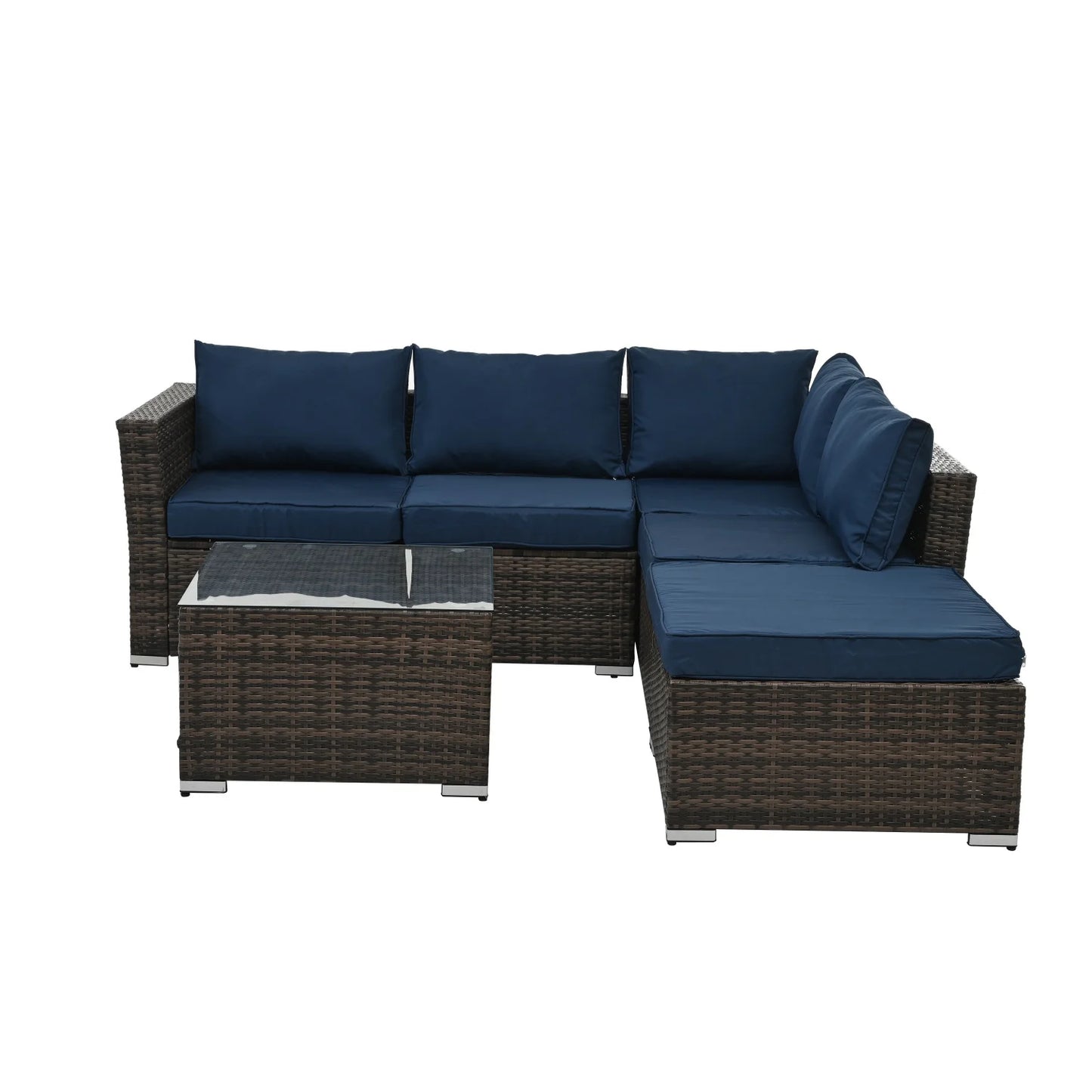 Highsound 4 Piece Outdoor Patio Furniture Sets, Wicker Conversation Set for Porch Deck, Gray Rattan Sofa Chair with Cushion, Blue