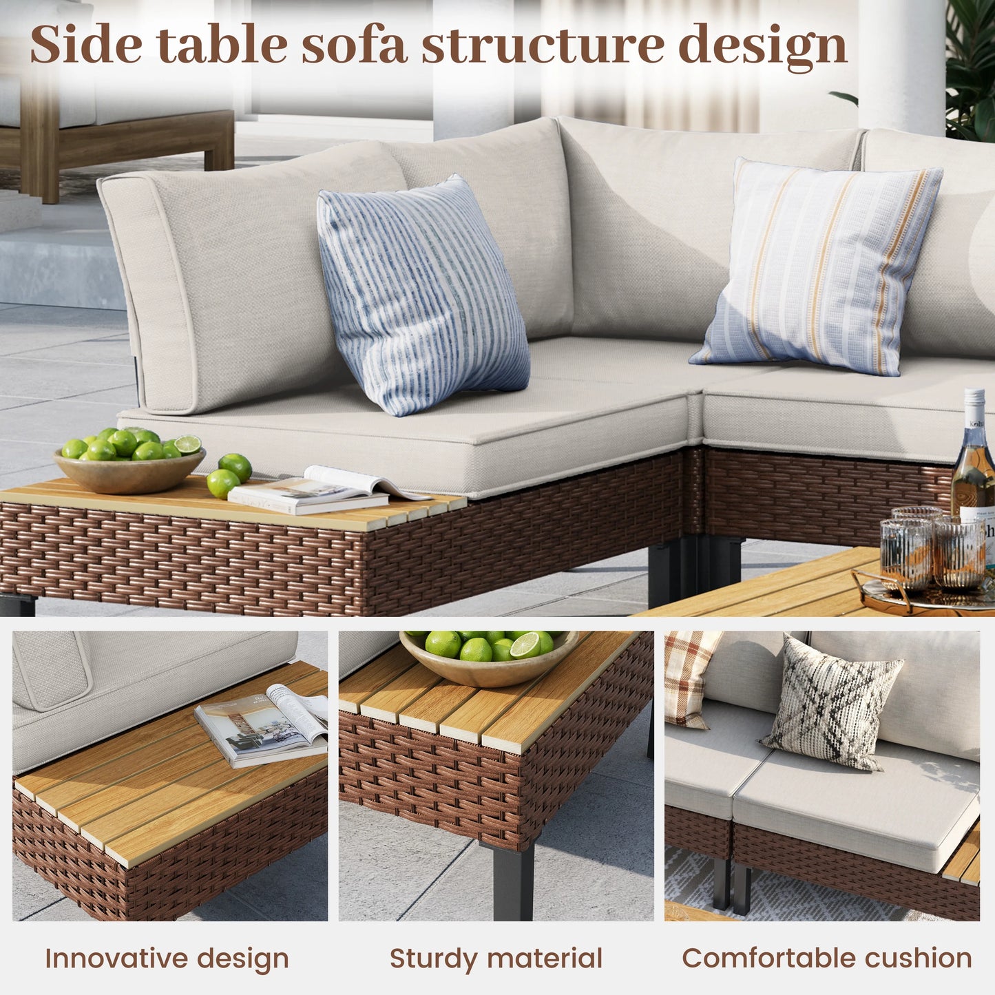 ELPOSUN L Shaped Conversation Sectional Sofa Set with Coffee Table, 5 Pieces Patio Furniture Seating Group with Side Table for Backyard Garden, Beige Grey