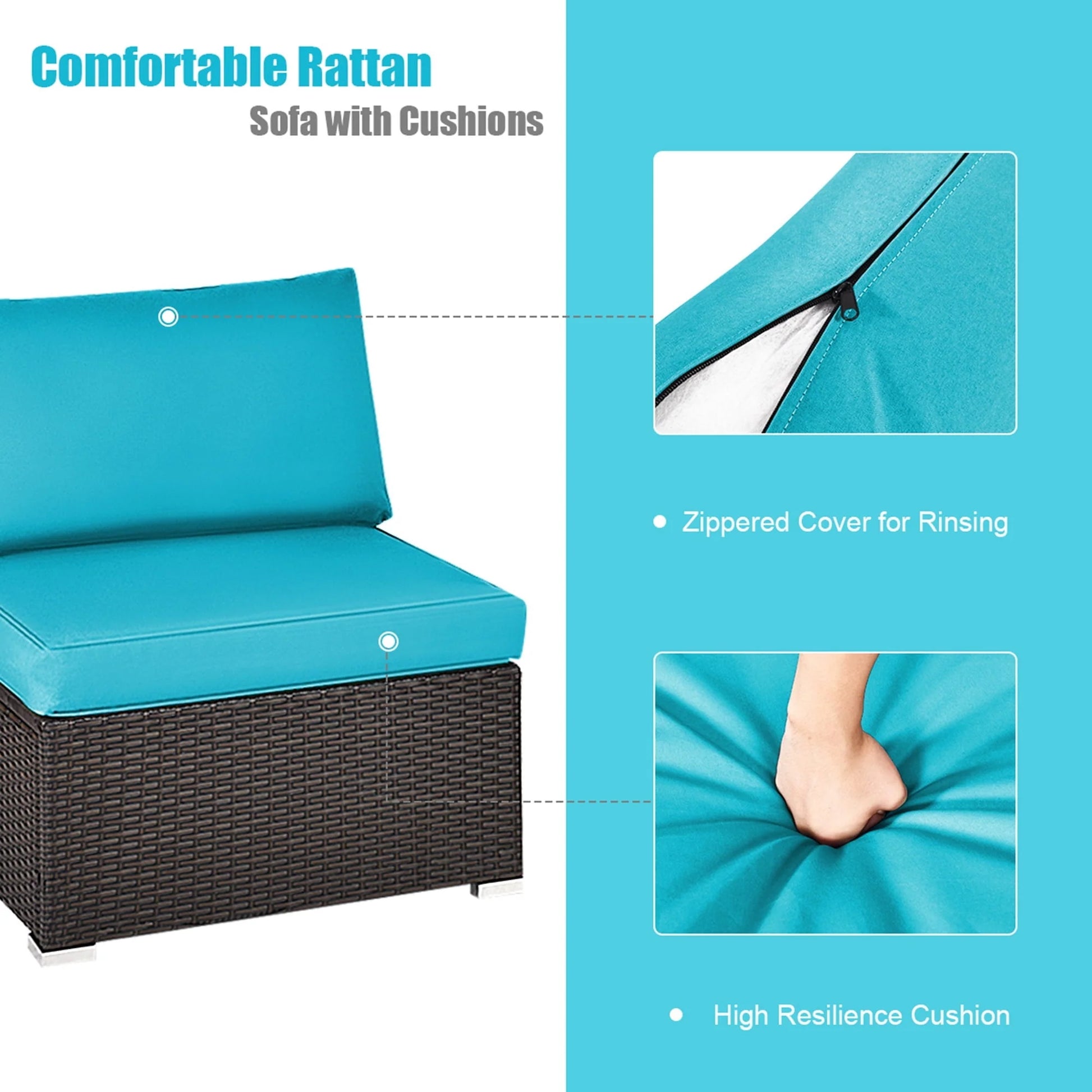 Gymax 2PCS Patio Wicker Rattan Sectional Armless Chair Sofa w/Turquoise Cushion