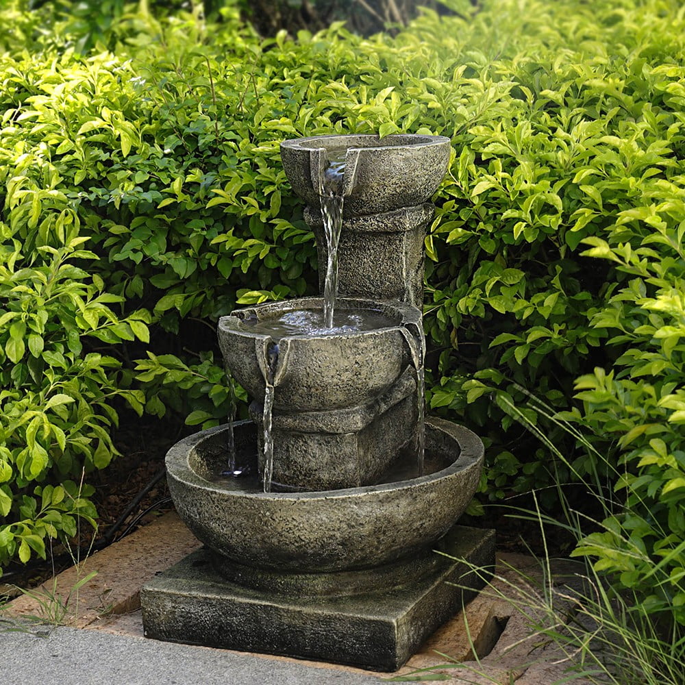 Willwolf 3-Tiered Water Fountain with Flat Bottom,Outdoor Fountain with LED Lights,Modern Fountain for Garden Porch and Patio,Resin Waterfall Fountain