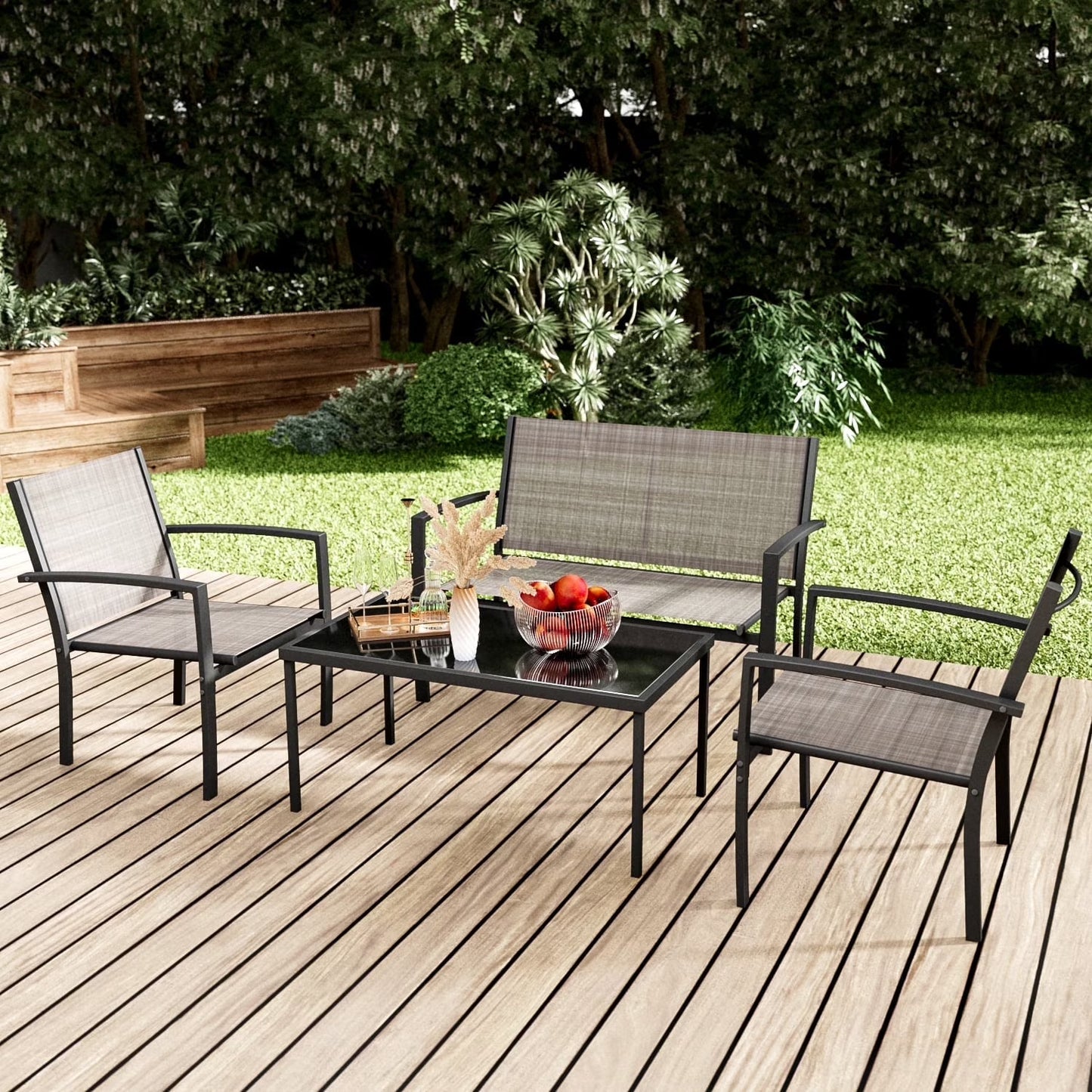 LACOO 4 Pieces Outdoor Furniture Set Patio Textilene Steel Conversation Set with Loveseat Tea Table for Lawn and Balcony, Black