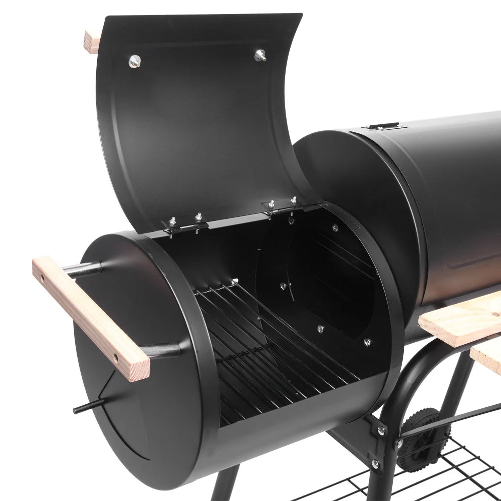 Barrel Charcoal Grill with Side Table, 500-600 Degrees, Multi-function oven with Wheel, Output for Outdoor Cooking Kitchen and Patio Backyard Barbecue, Stainless Steel