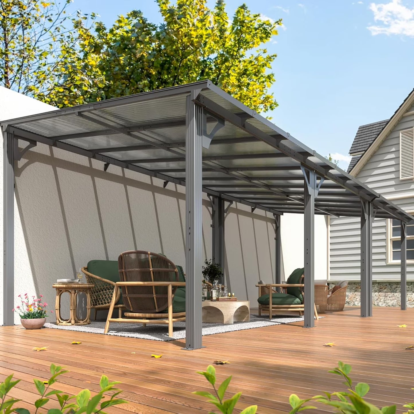 NETAJE 10'x14' Outdoor Splicable Gazebo, Hardtop Wall Mounted Gazebo & Pergola with Aluminum Frame and Sloping Roof, for Backyard, Deck, Patio-Gray