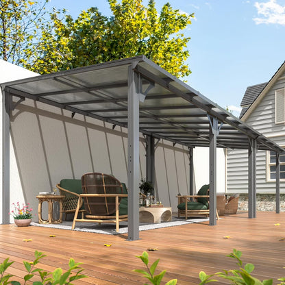 NETAJE 10'x14' Outdoor Splicable Gazebo, Hardtop Wall Mounted Gazebo & Pergola with Aluminum Frame and Sloping Roof, for Backyard, Deck, Patio-Gray