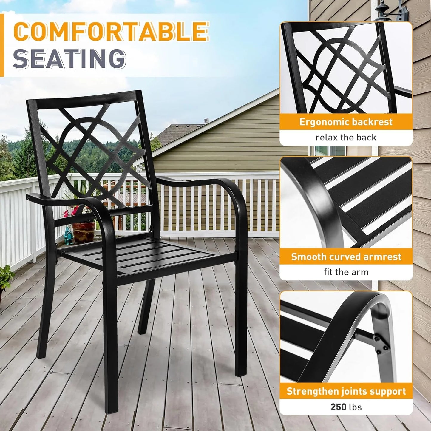 SUNCROWN 7-Piece Outdoor Wrought Iron Chairs and Table Patio Dining Furniture Set - 6 Stackable Metal Chairs, 1 Steel Slat Bistro Table and 1 Brown 9Ft Patio Umbrella for Garden Backyard Deck