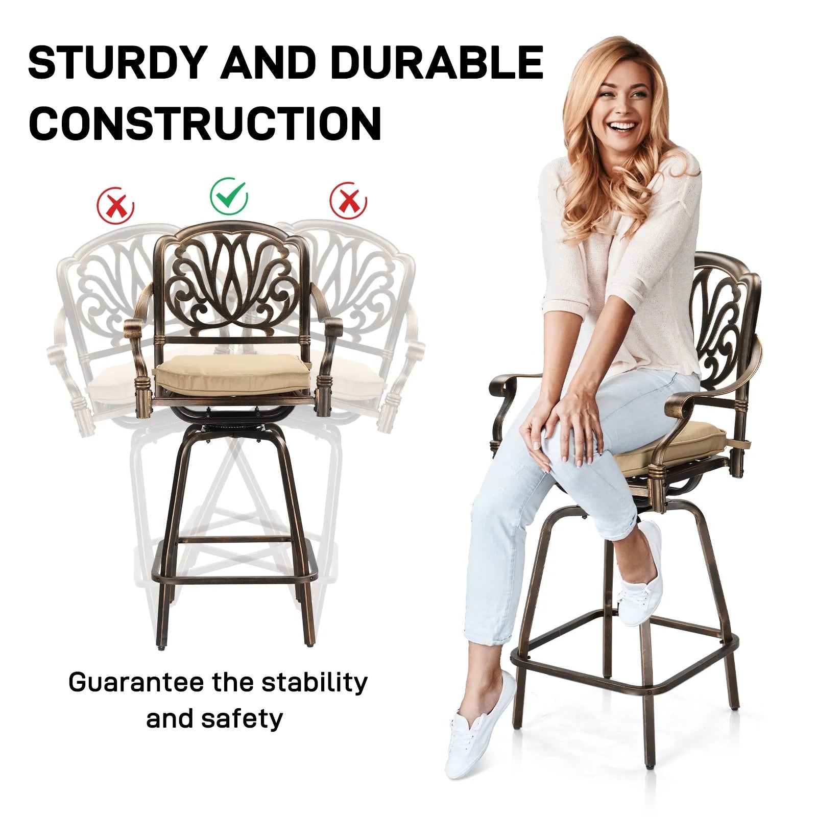 Ktaxon 2Pcs Outdoor Swivel Bar Stools, Weather Resistant Patio Bar Height Chairs, Cast Aluminum Bar Dining Seatings for Pool Deck Balcony (Elizabethan Back)