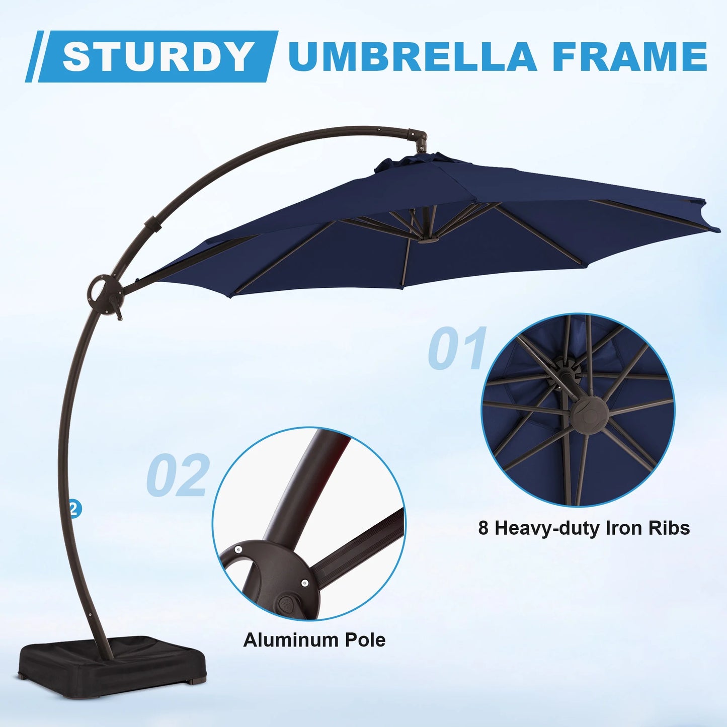 JUSTLET 10FT Arched-Pole Cantilever Hanging Patio Umbrella with baseNavy Blue