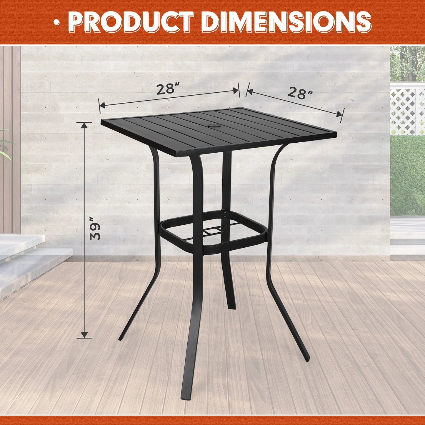 SOLAURA Outdoor Patio Bar Height Table Metal Bistro Table with Umbrella Hole, Black