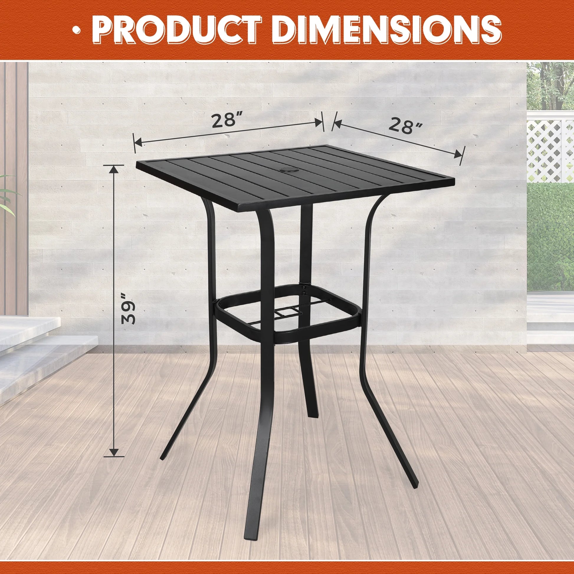 SOLAURA Outdoor Patio Bar Height Table Metal Bistro Table with Umbrella Hole, Black