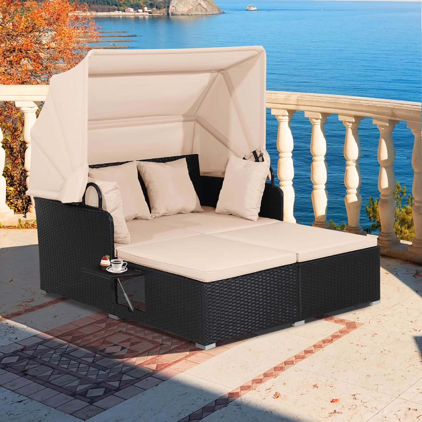 Costway Patio Rattan Daybed Lounge Retractable Top Canopy Side Tables Cushions Red