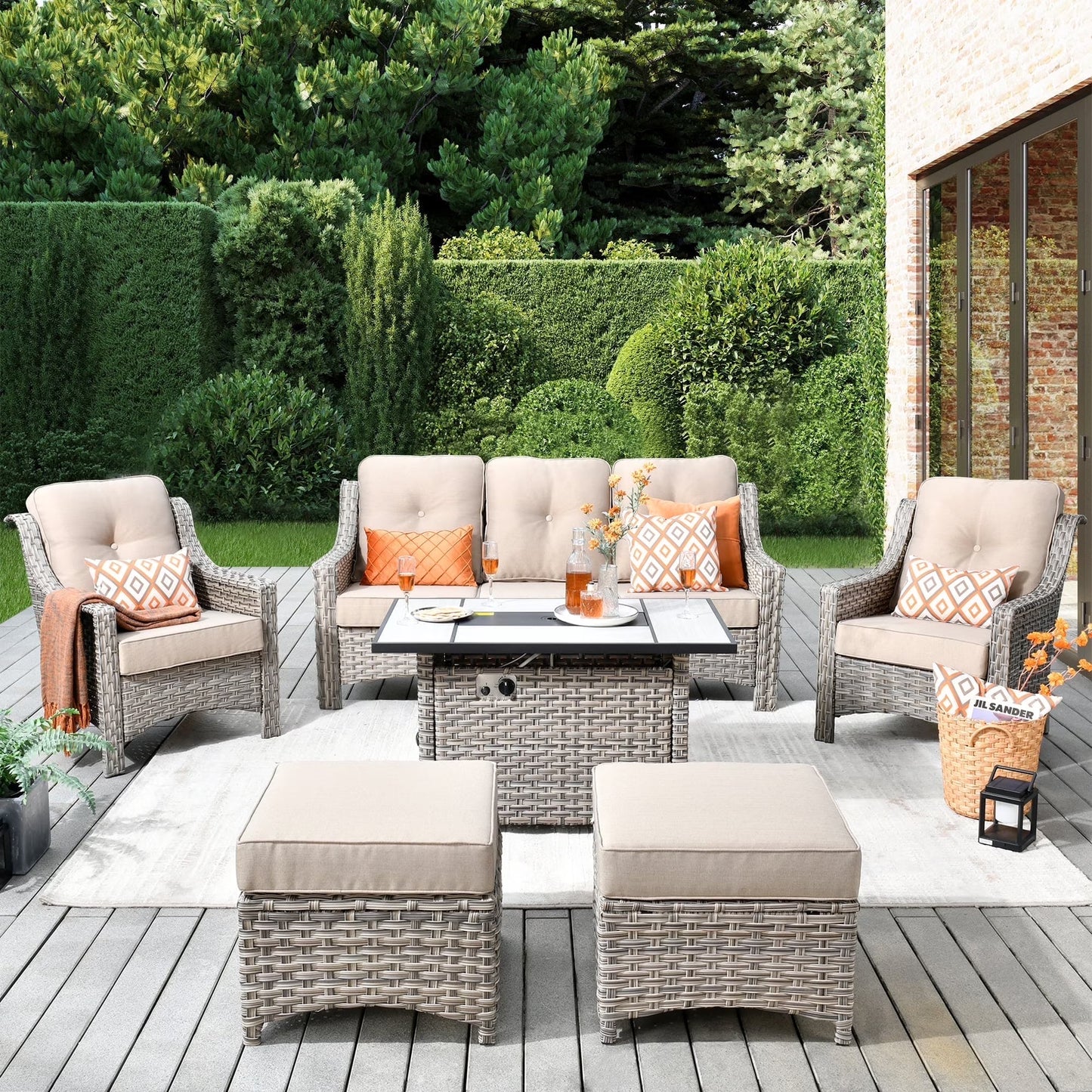 Vcatnet 6 Pieces Outdoor Patio Furniture All Weather Wicker High-Back Conversation Set with Fire Pit Table and Ottoman,Diamond Blue