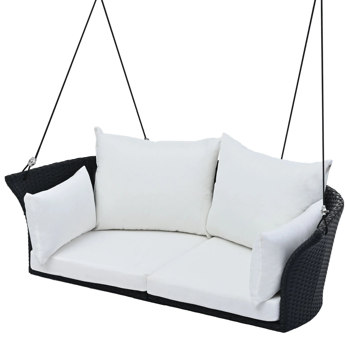 51.9" 2 Seat Patio Swing Chair, Rattan Woven Porch Swing with Adjustable Ropes, Cushion and Pillow, Wicker Outdoor Hanging Bench for Garden Yard, 500LBS Weight Capacity, Black and White