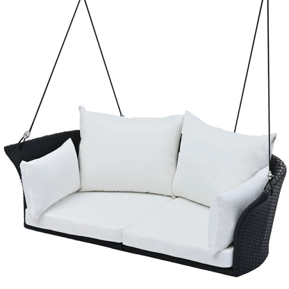 51.9" 2 Seat Patio Swing Chair, Rattan Woven Porch Swing with Adjustable Ropes, Cushion and Pillow, Wicker Outdoor Hanging Bench for Garden Yard, 500LBS Weight Capacity, Black and White