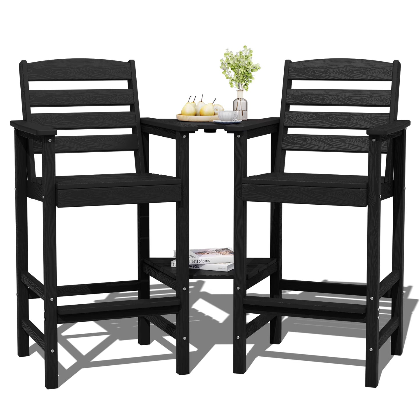 JUSTLET Tall Adirondack Chair Set of 2 with Double Connecting Tray, HDPE Outdoor Weather Resistant Patio Bar Stools for Patio, Balcony, Porch, Navy Blue