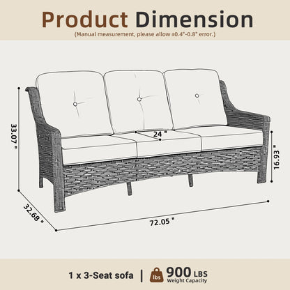 Ovios Outdoor Patio Sofa 3-Seater with Cushions All-Weather Wicker Rattan Couch for Garden, Porch, or Backyard
