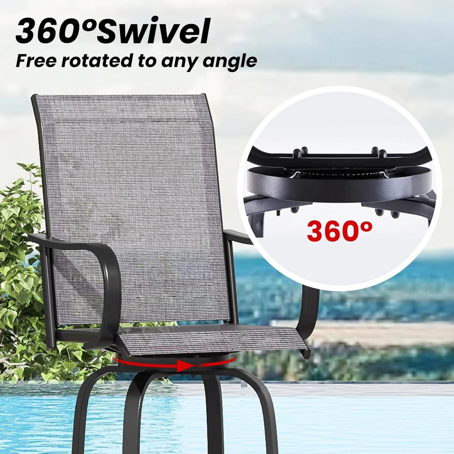 STARY Outdoor Bar Stools Set of 2, Swivel Patio Barstools with Textile Fabric,Ergonomic Comfort Bar Height Tall Outdoor Stools for Balcony,Dark Grey