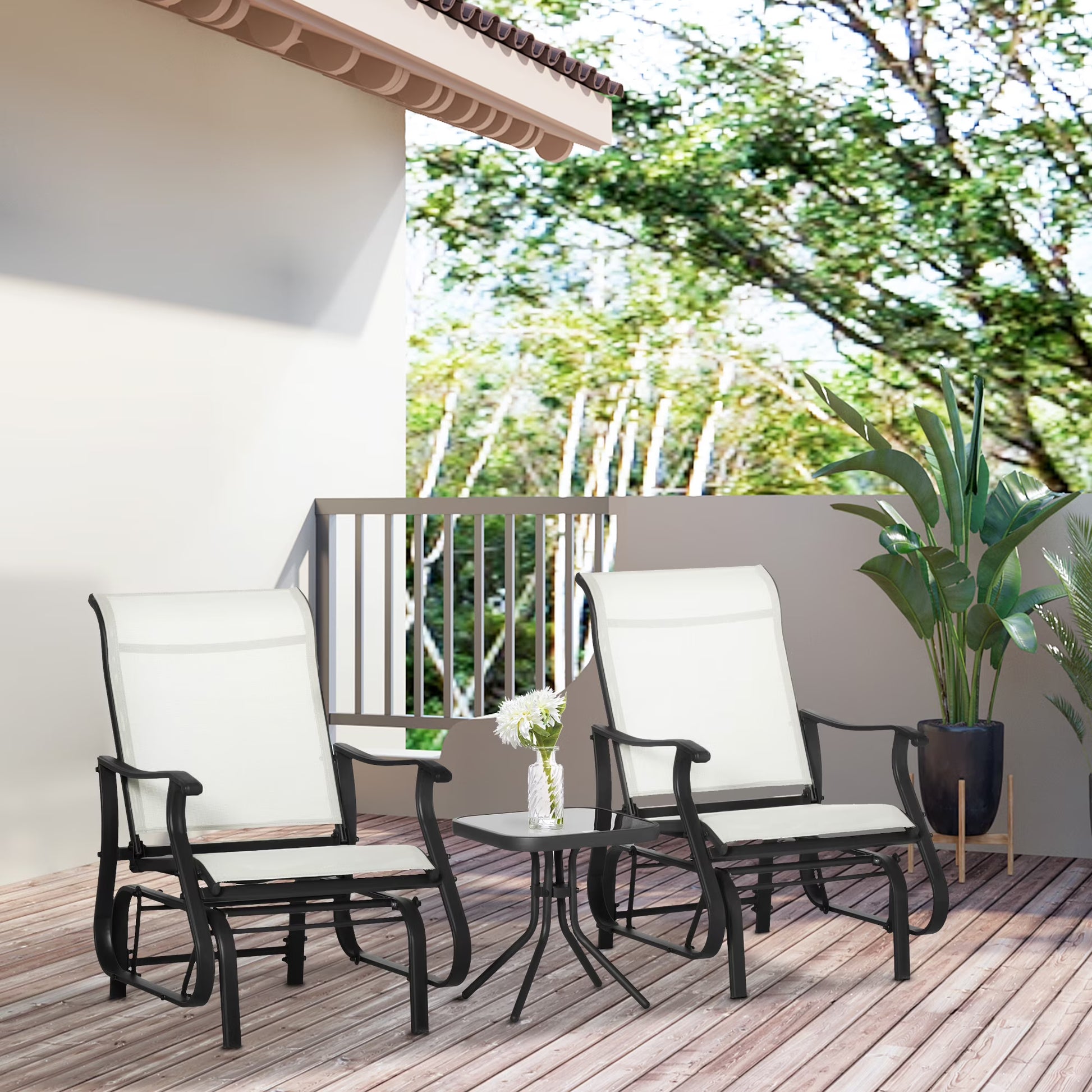 Outsunny 3-Piece Outdoor Gliders Set Bistro Set with Steel Frame, Tempered Glass Top Table for Patio, Garden, Backyard, Lawn, Beige