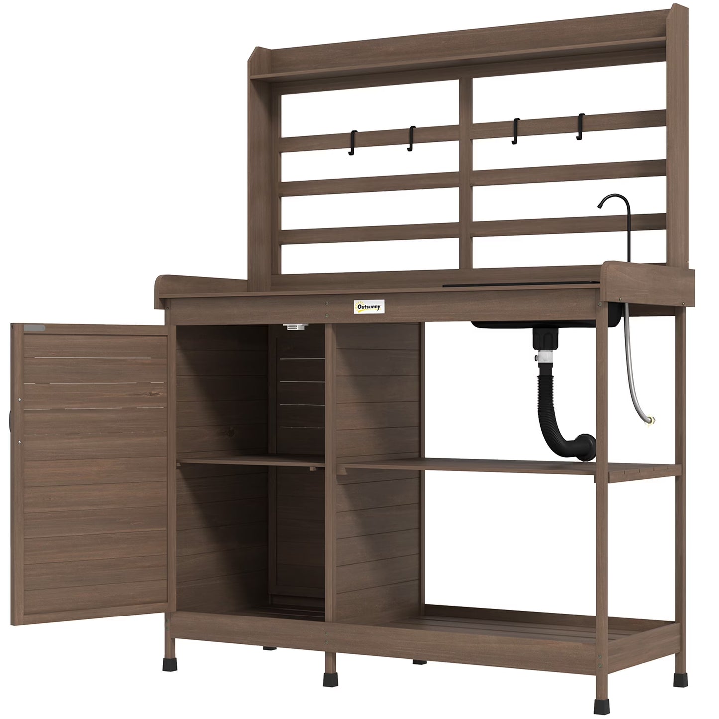 Homiyad Wooden Potting Bench with Storage, Sink, Water Tap for Backyard, Patio, Balcony, Dark Brown