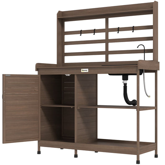 Homiyad Wooden Potting Bench with Storage, Sink, Water Tap for Backyard, Patio, Balcony, Dark Brown