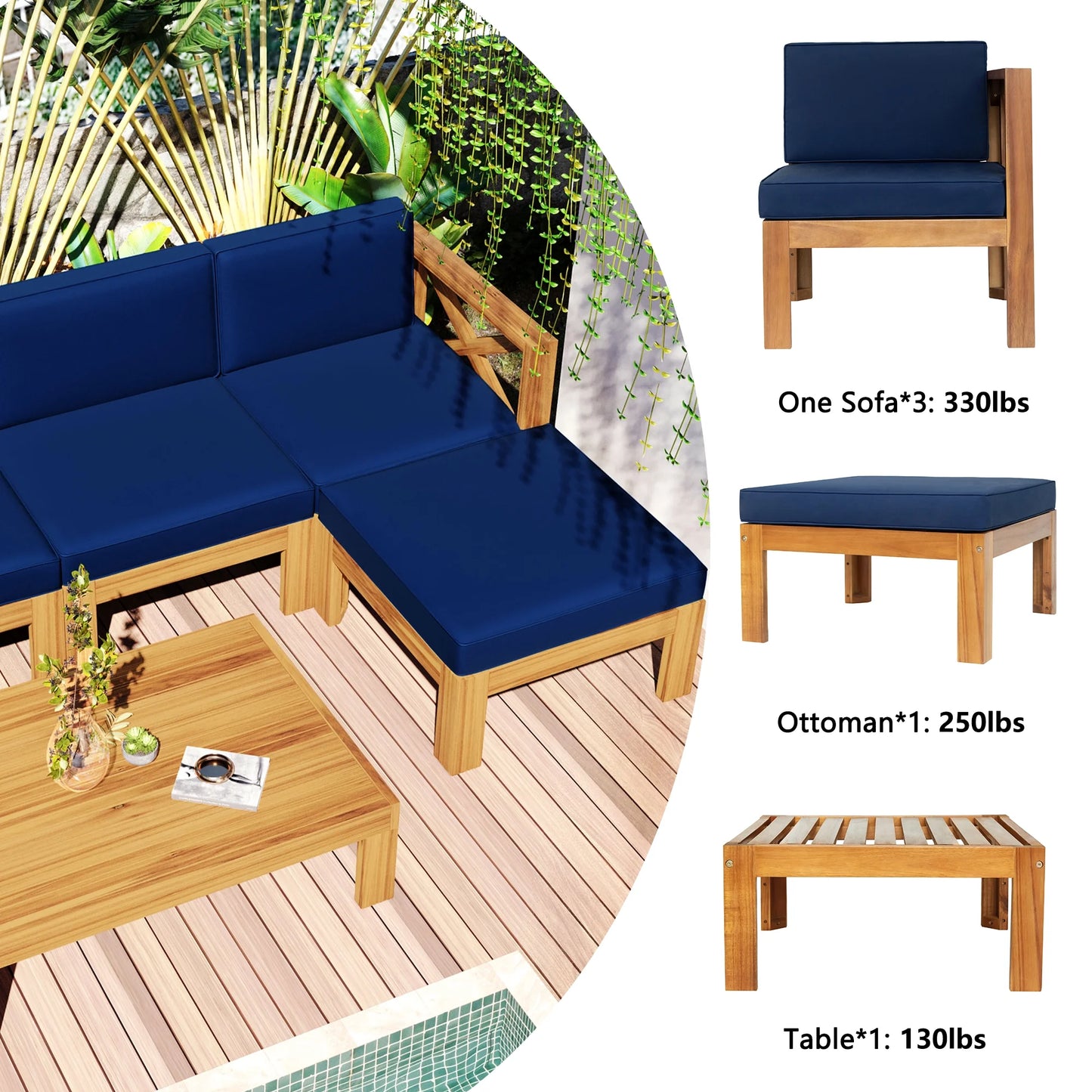 Harper & Bright Designs Outdoor Wooden Seating Group with Table, Patio Conversation Sectional Sofa Set with Waterproof Cushions for Backyard Poolside, Natural