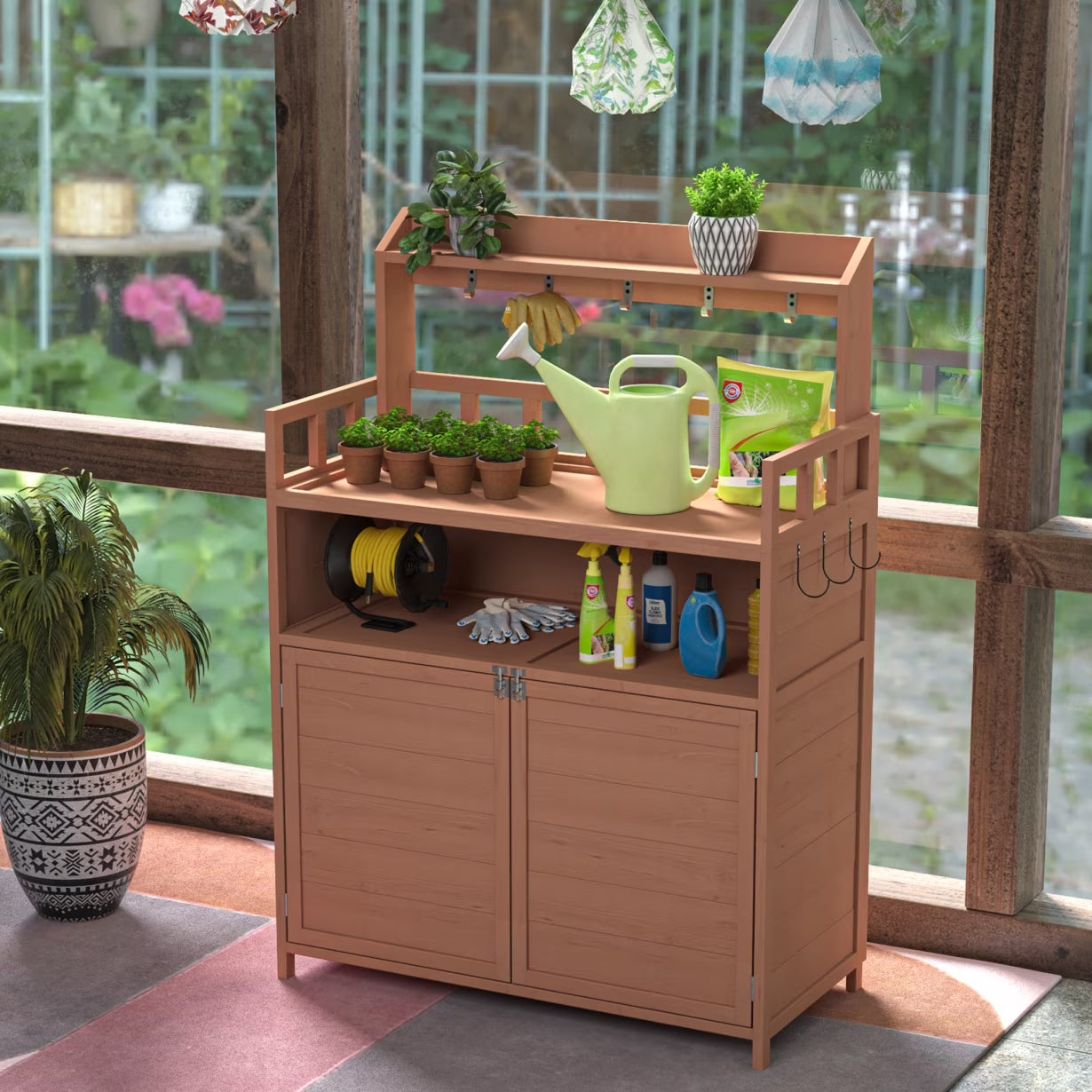 Solid Fir Wood Potting Bench Table with Storage Cabinet & Top Shelf Hooks for Outdoor Gardening, Patio & Mudroom Workstation