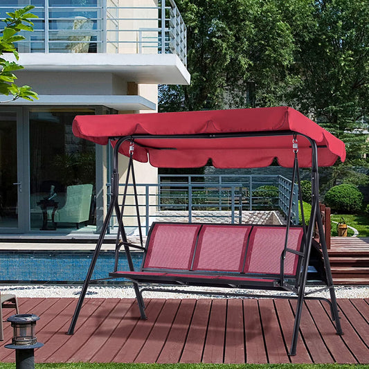 Mcombo Outdoor 3 Person Patio Canopy Swing Chair, Porch Swing, Burgundy