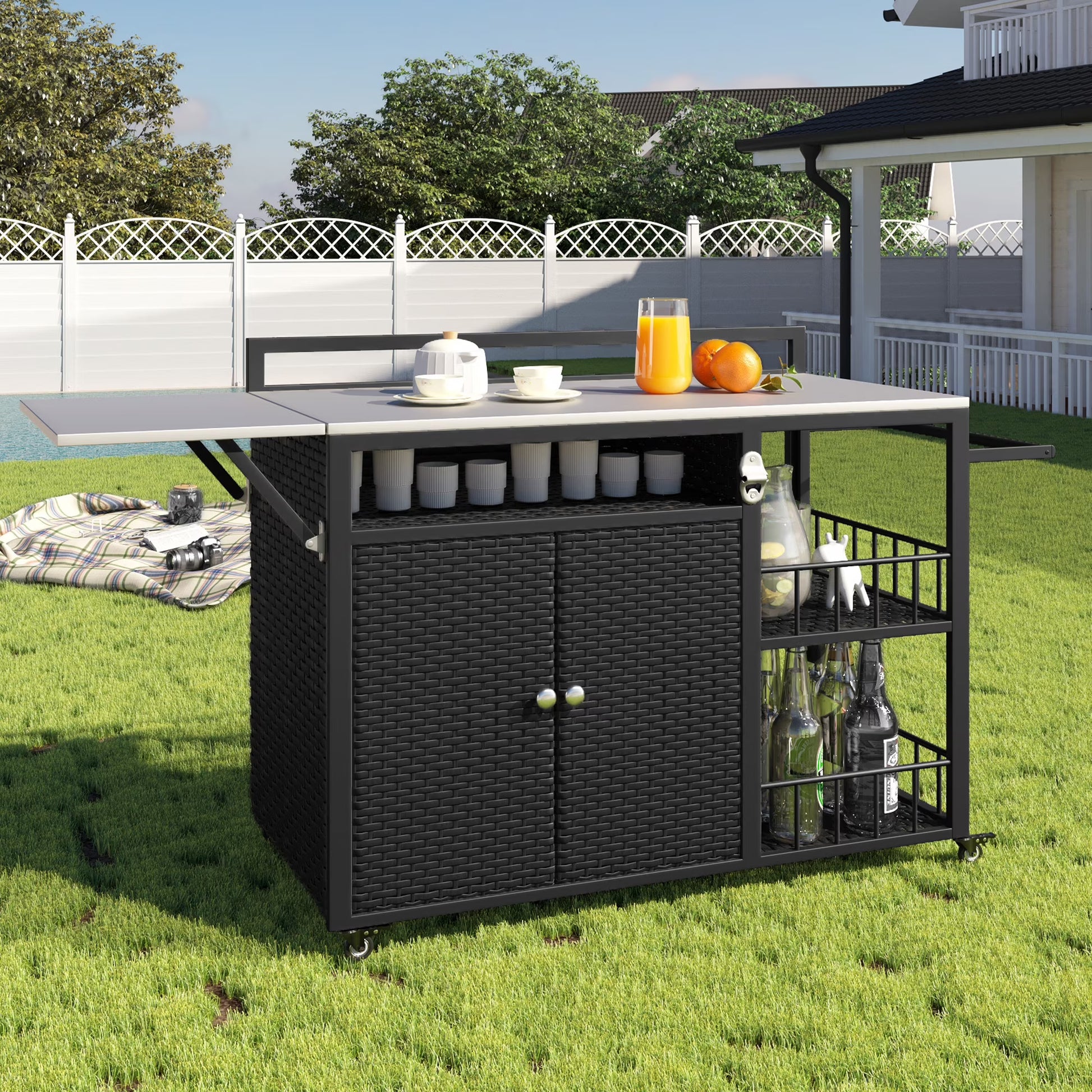 Euroco Outdoor Rolling Bar Cart with Foldable Stainless Steel Tabletop, Storage Cabinet, Bottle Opener & Lockable Wheels, PE Rattan Patio Kitchen Serving Station for BBQ & Entertaining