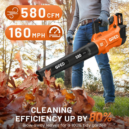 GPED Leaf Blower, 3 Speed Adjustment Electric Cordless Leaf Blower with 2 x 4.0Ah Batteries, Charger, Shoulder Strap, 580CFM/160MPH, Ideal for Patio Cleaning, Lawn Care, Blowing Leaves, Green