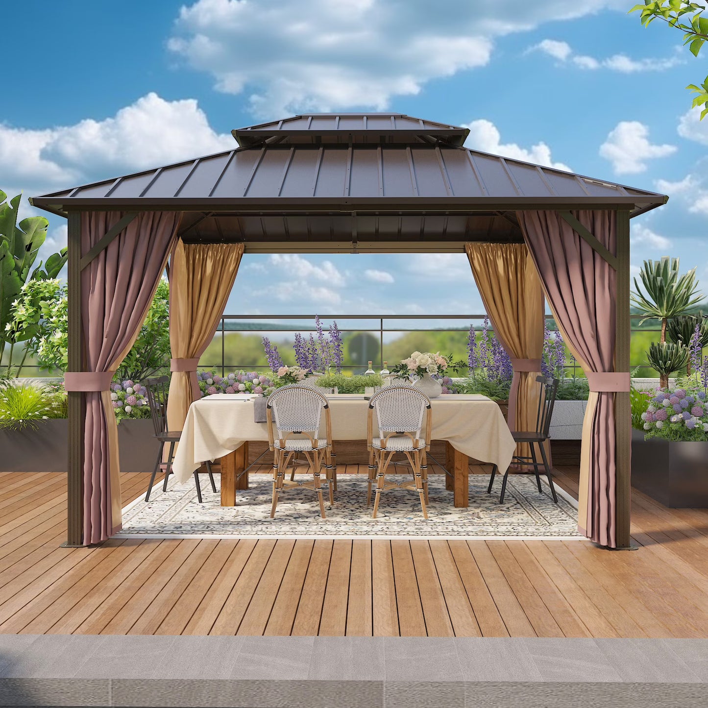 EAGLE PEAK 12x14 Outdoor Patio Hardtop Gazebo with Galvanized Steel Double Roof, Netting & Curtains