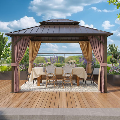 EAGLE PEAK 12x14 Outdoor Patio Hardtop Gazebo with Galvanized Steel Double Roof, Netting & Curtains