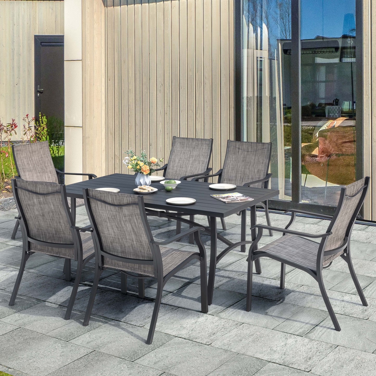 Nuu Garden 7 Piece Patio Dining Set, Rust-Resistant Aluminum Outdoor Dining Set, Include 6 Textilene Chairs and Rectangle Dining Table with Umbrella Hole, Grayish Brown