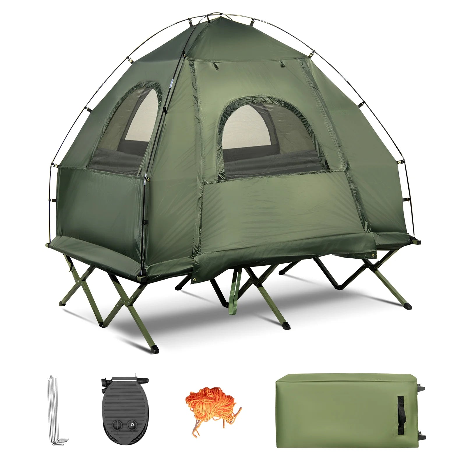 Patiojoy Folding 2-Person Camping Tent Cot Portable Pop-Up Tent with Sleeping Bag& Air Mattress for Outdoor Activity
