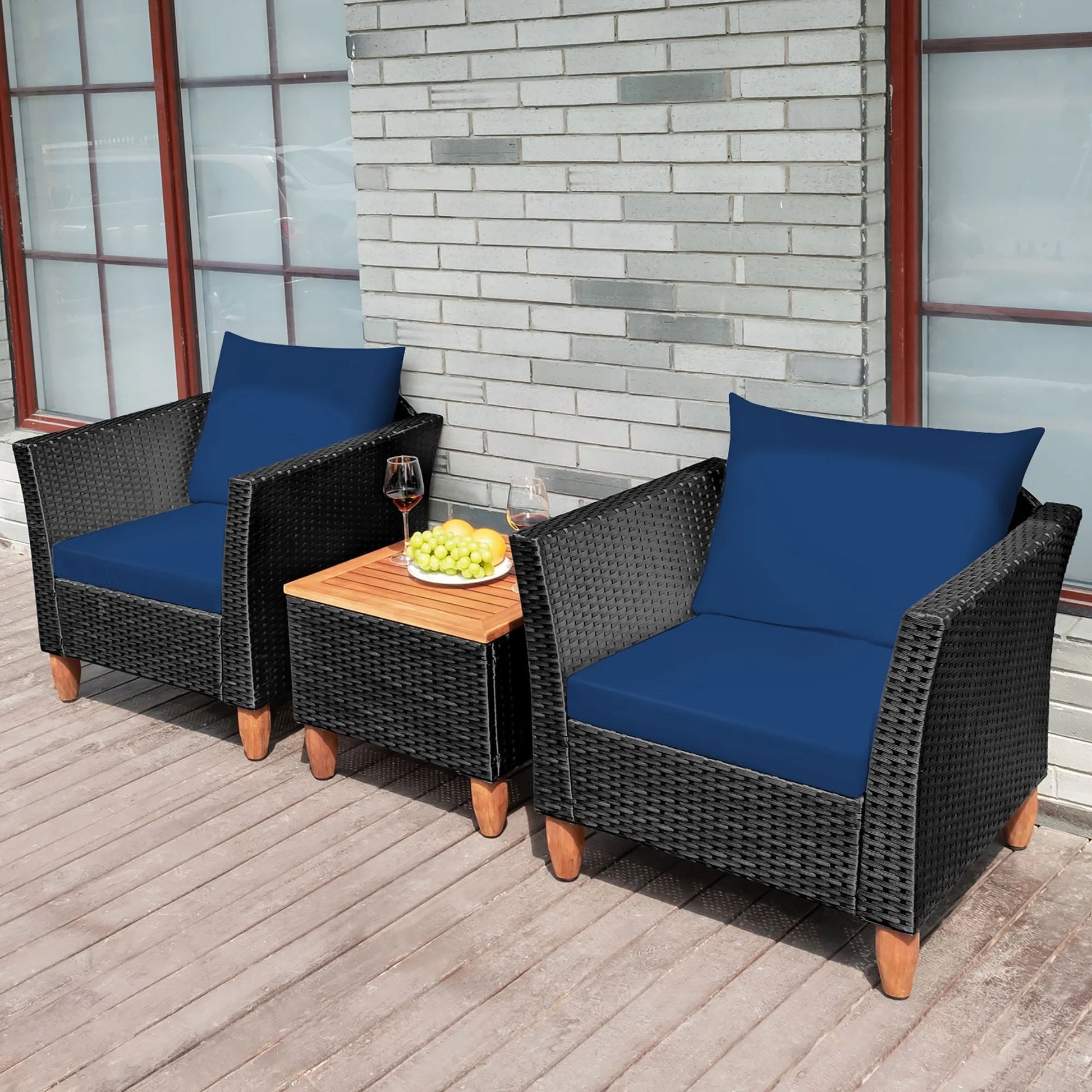 Costway 3PCS Outdoor Patio Rattan Furniture Set Wooden Table Top Cushioned Sofa Navy