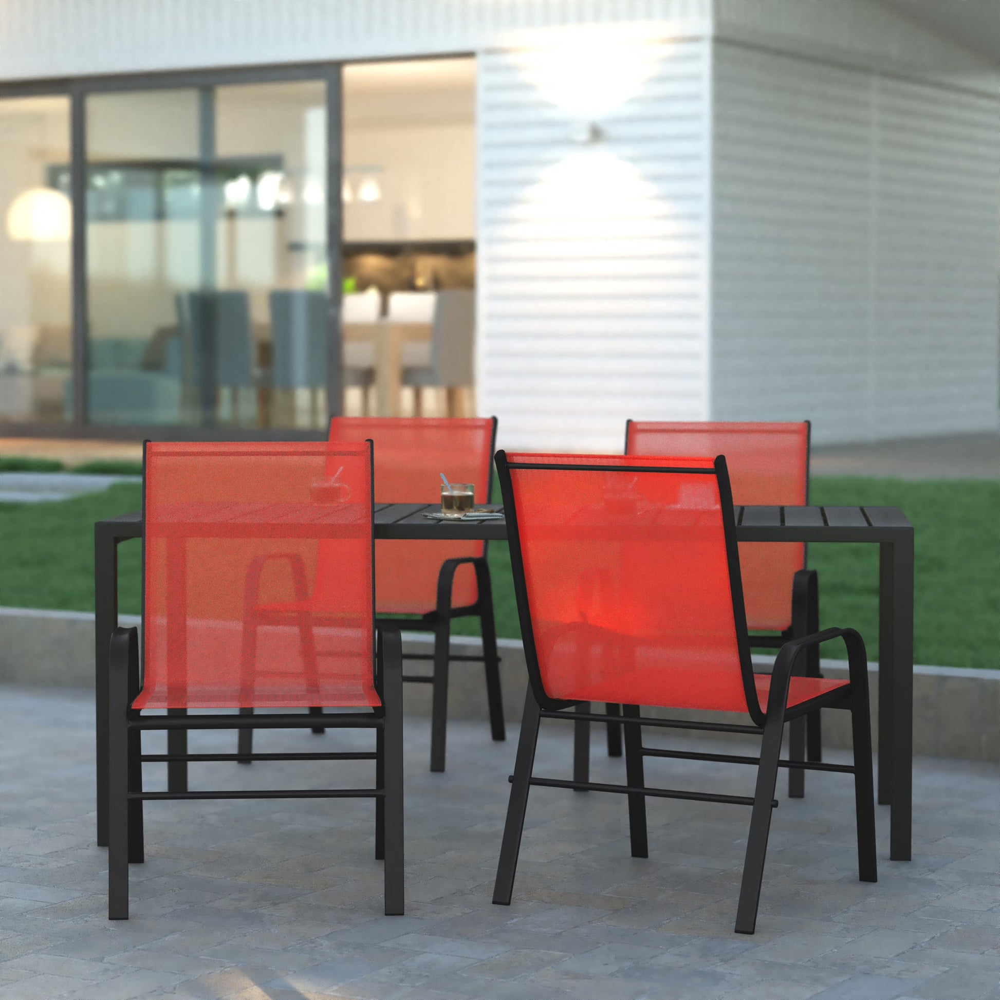 Emma + Oliver 4 Pack Gray Outdoor Stack Chair with Flex Comfort Material - Patio Stack Chair