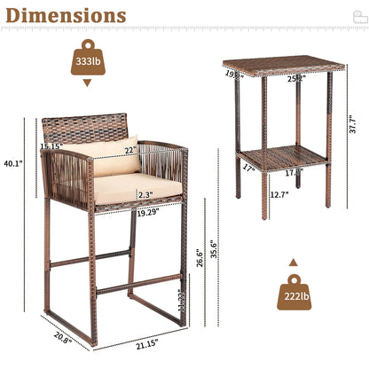 Ktaxon 3 Pcs Wicker Bar Set for Outdoor, Garden, Deck, Rattan Conversatuon Set w/Cushion, Patio Furniture Set, Brown