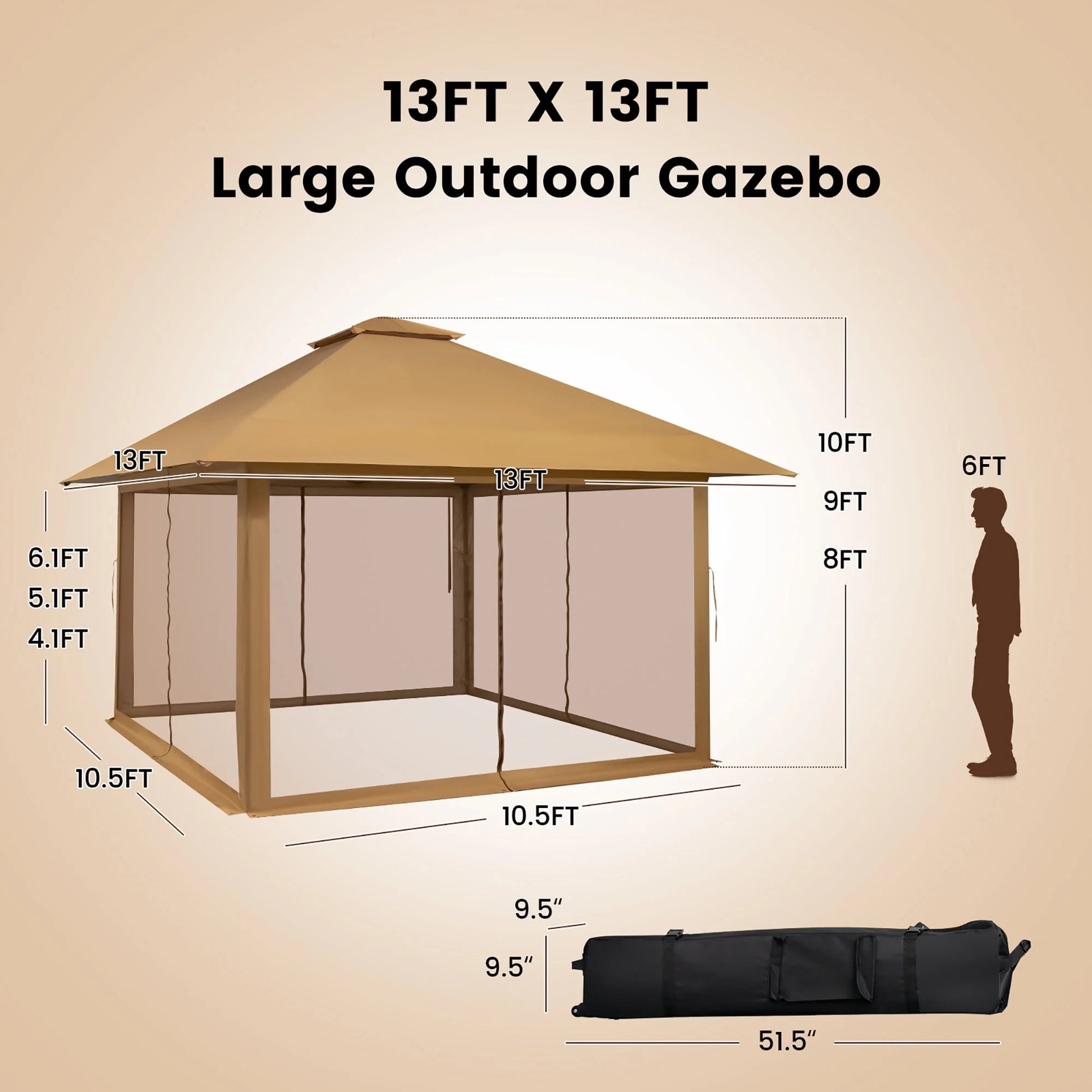 Gymax Outdoor Patio 13' x13' Pop Up Canopy Tent UV50+ Adjust Sun Protection w/Mesh Sidewall Khaki
