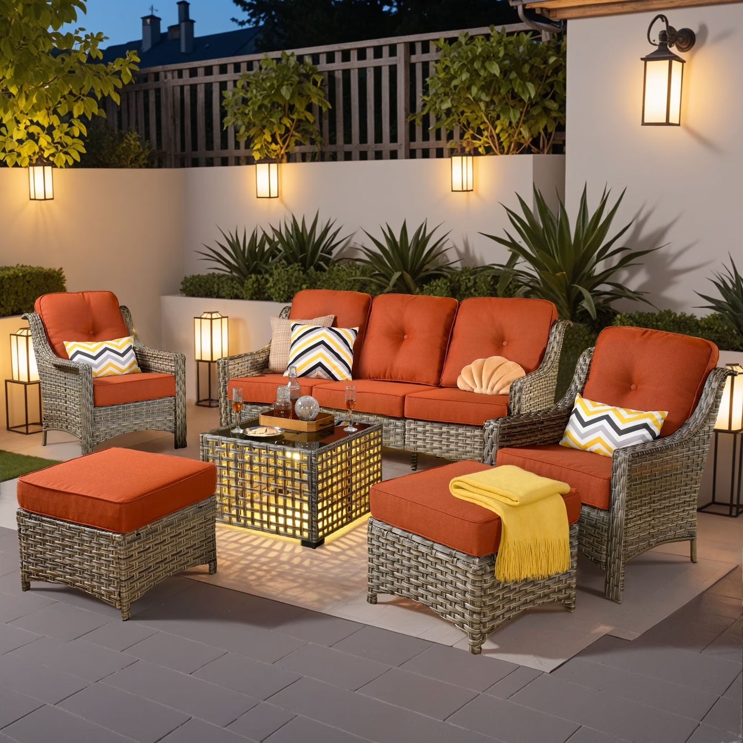 Ovios 6 Pieces Outdoor Furniture Set High Back All-Weather Wicker Patio Conversation Set with Ottomans & Solar Light Coffee Table, Diamond Blue
