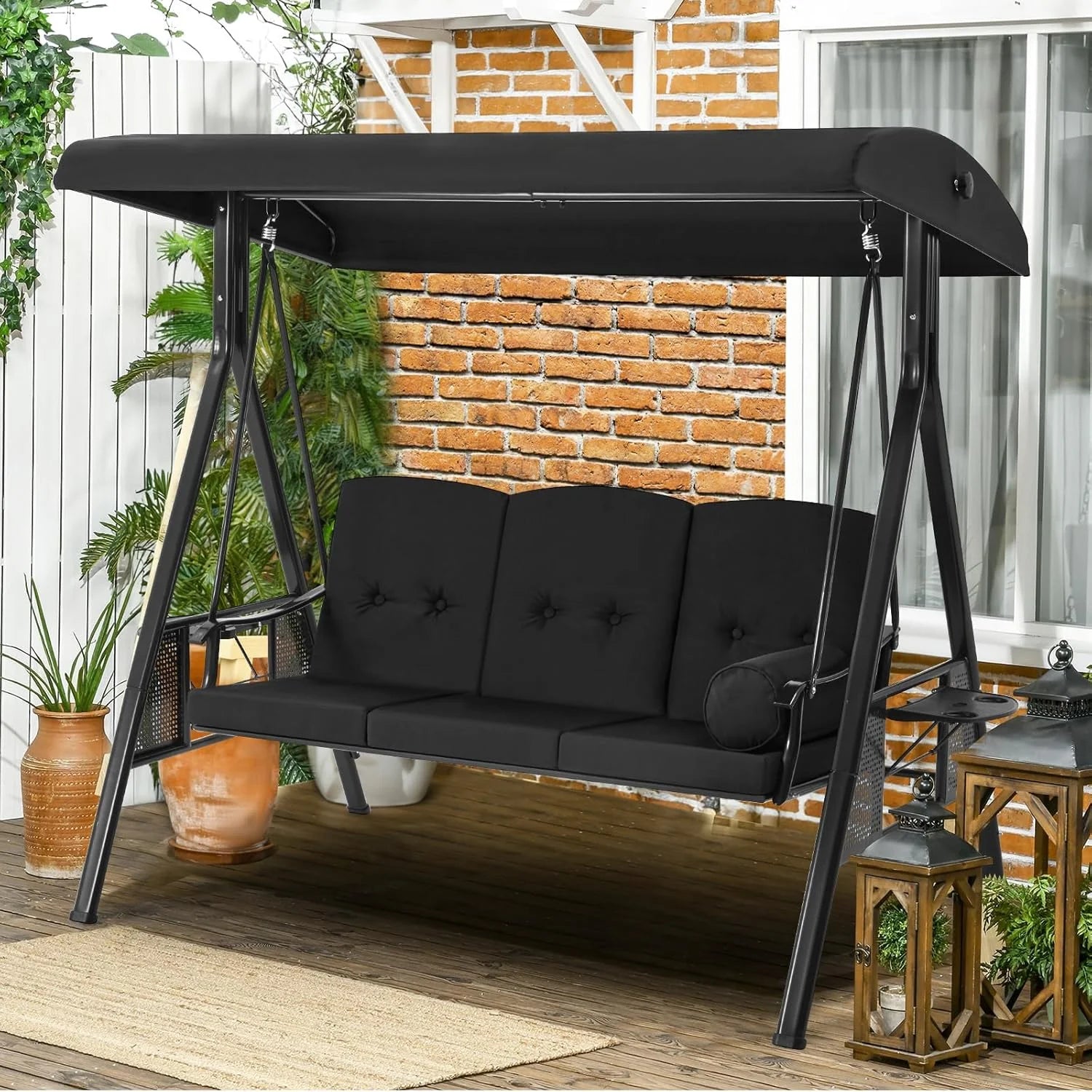 AECOJOY 3 Persons Outdoor Patio Canopy Steel Porch Swing Chair-Beige, Porch Swing