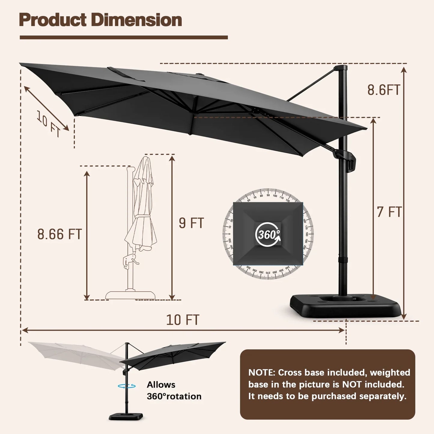 COBIZI 10' X 10' Patio Cantilever Umbrella Outdoor Offset Rectangle Umbrella with 360-degree Rotation for Deck Pool Garden,DarkGrey