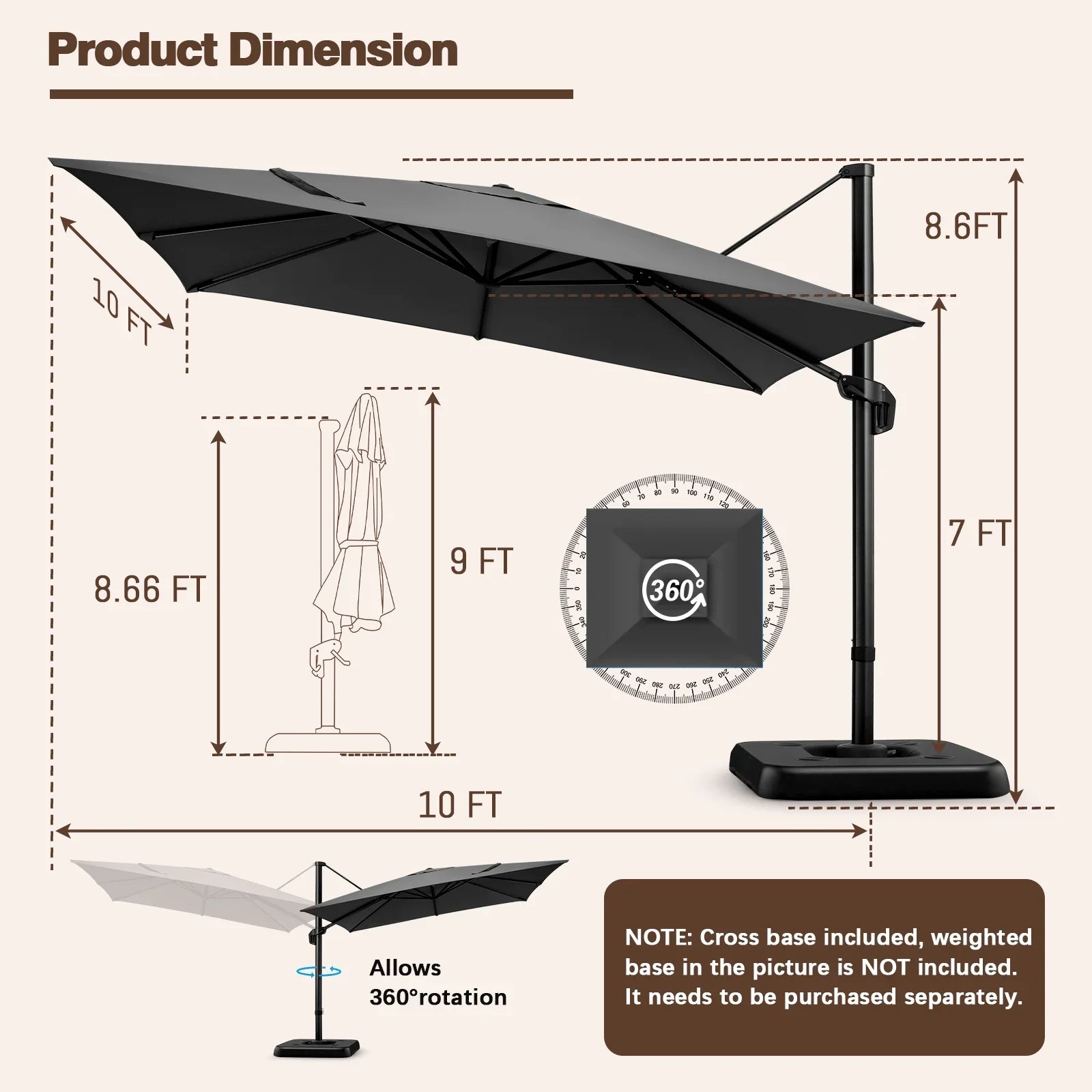 COBIZI 10' X 10' Patio Cantilever Umbrella Outdoor Offset Rectangle Umbrella with 360-degree Rotation for Deck Pool Garden,DarkGrey