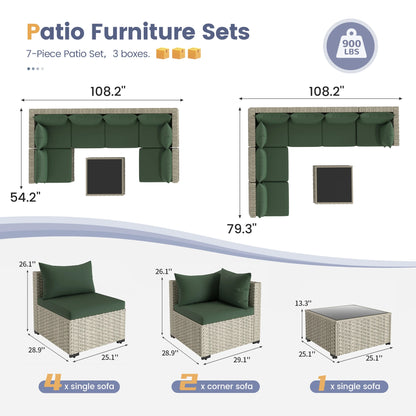 Techmilly 5 Pieces Patio Sectional Sofa PE Rattan Wicker Conversation Sets with Cushions and Glass Table(Green)