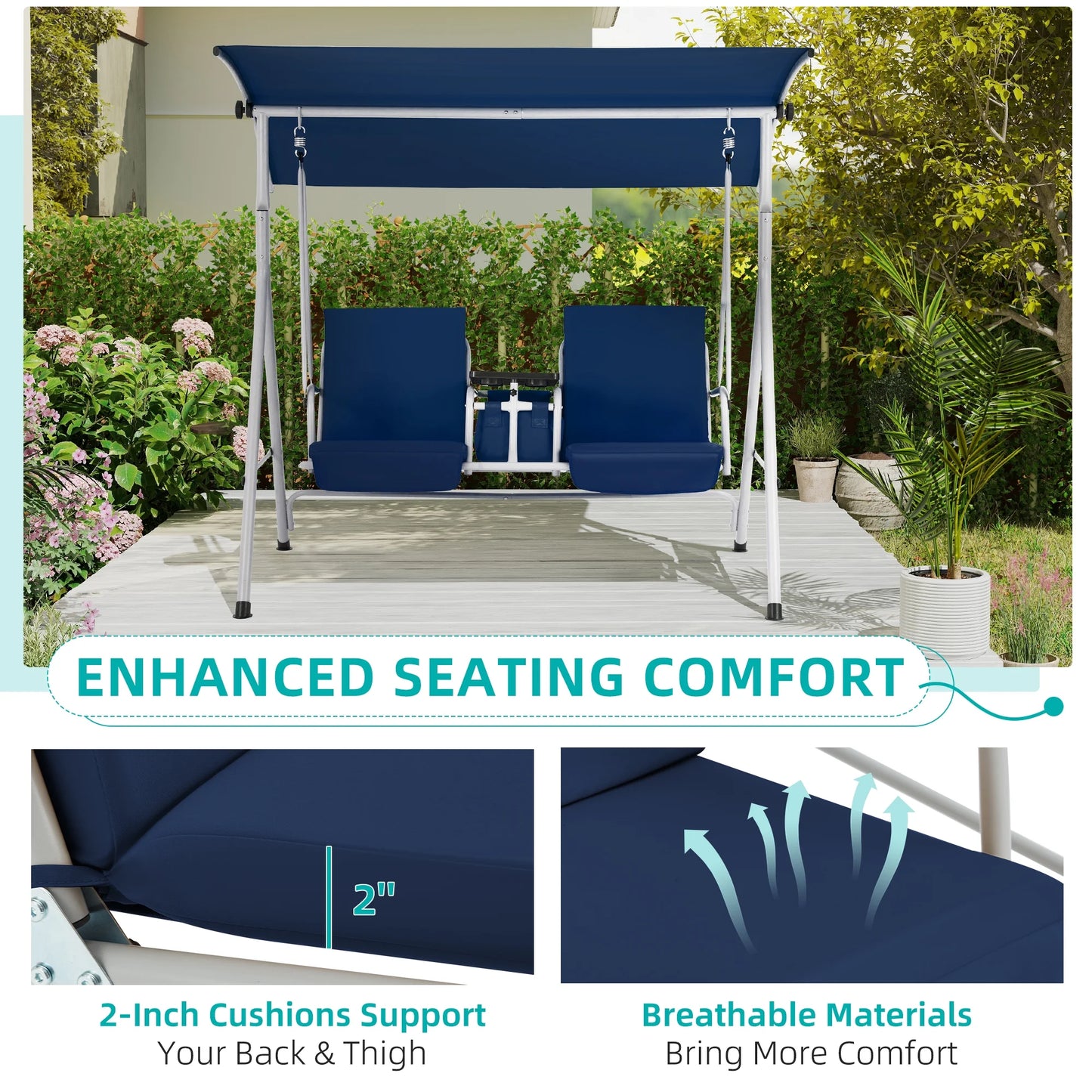 HOMREST Patio Swing with Adjustable CanopyHeavy Duty 650 LBS Outdoor Swing with Pivot Storage Table & 4 Cup Holders & Cushions for Yard, Lawn, Backyard, Navy Blue